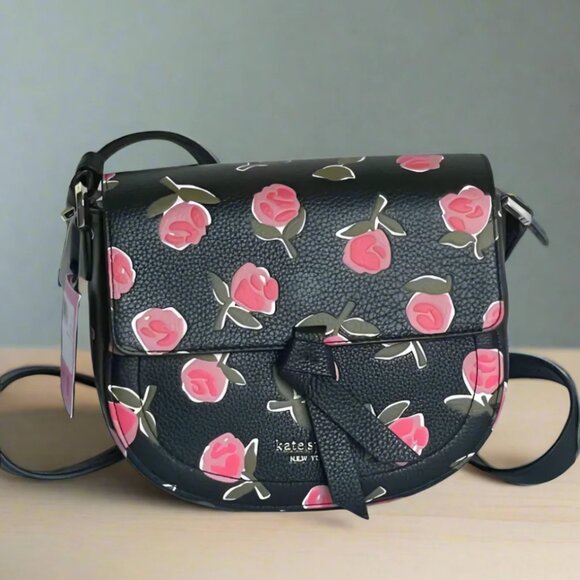 KATE SPADE Leather Embossed Ditsy Pink Rose Black Knott Adjustable Strap NWT - Picture 2 of 15